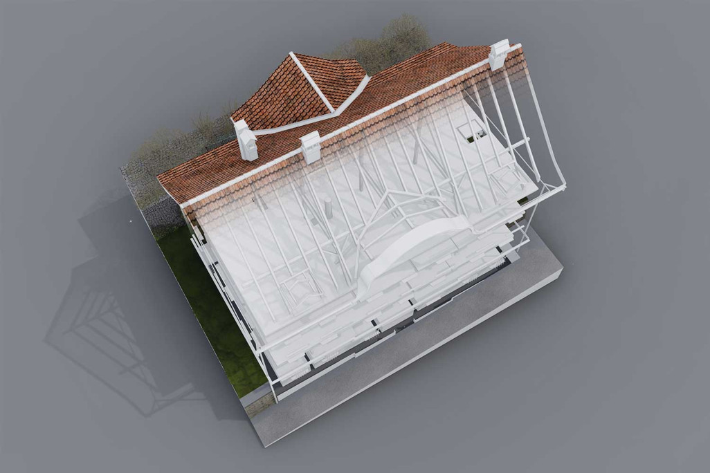 Alvaneu, Altes Schulhaus, 3D-BIM-Modell Dachaufsicht, HMQ AG