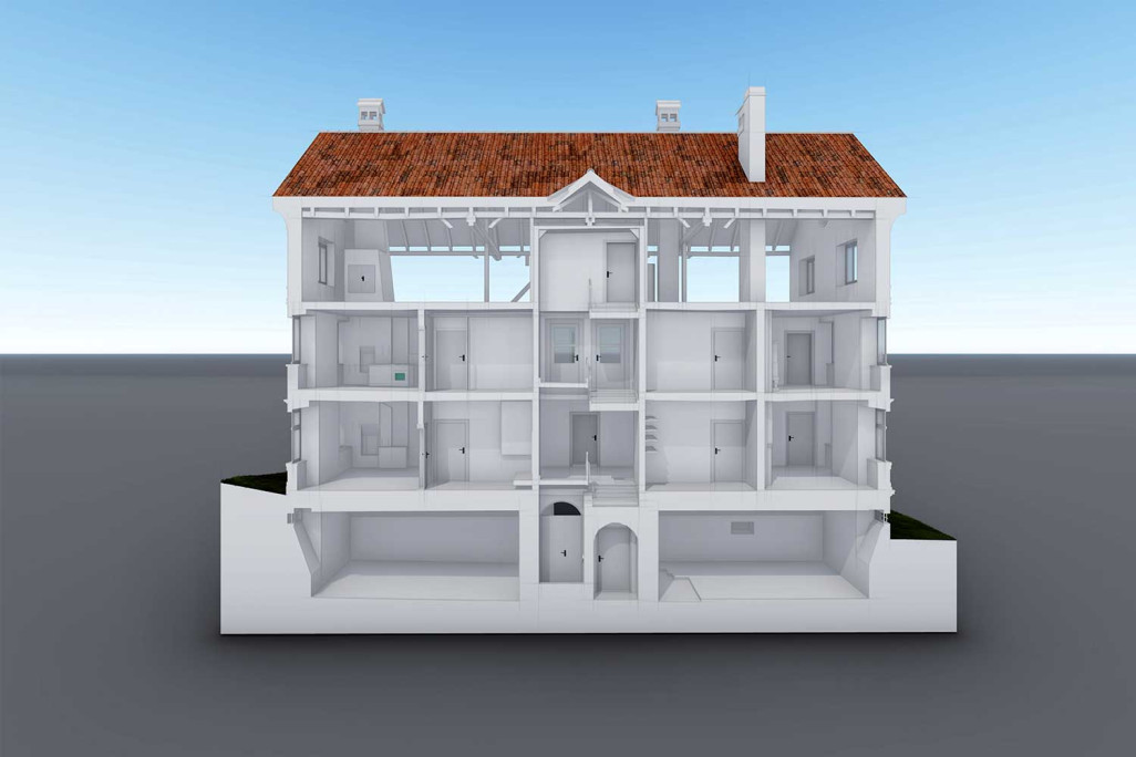 Alvaneu, Altes Schulhaus, 3D-BIM-Modell Längsschnitt, HMQ AG
