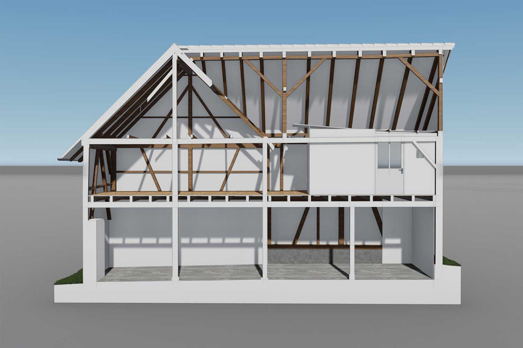 Zürich, Gebäudeaufnahme Schopf, 3D-Schnitt, HMQ AG