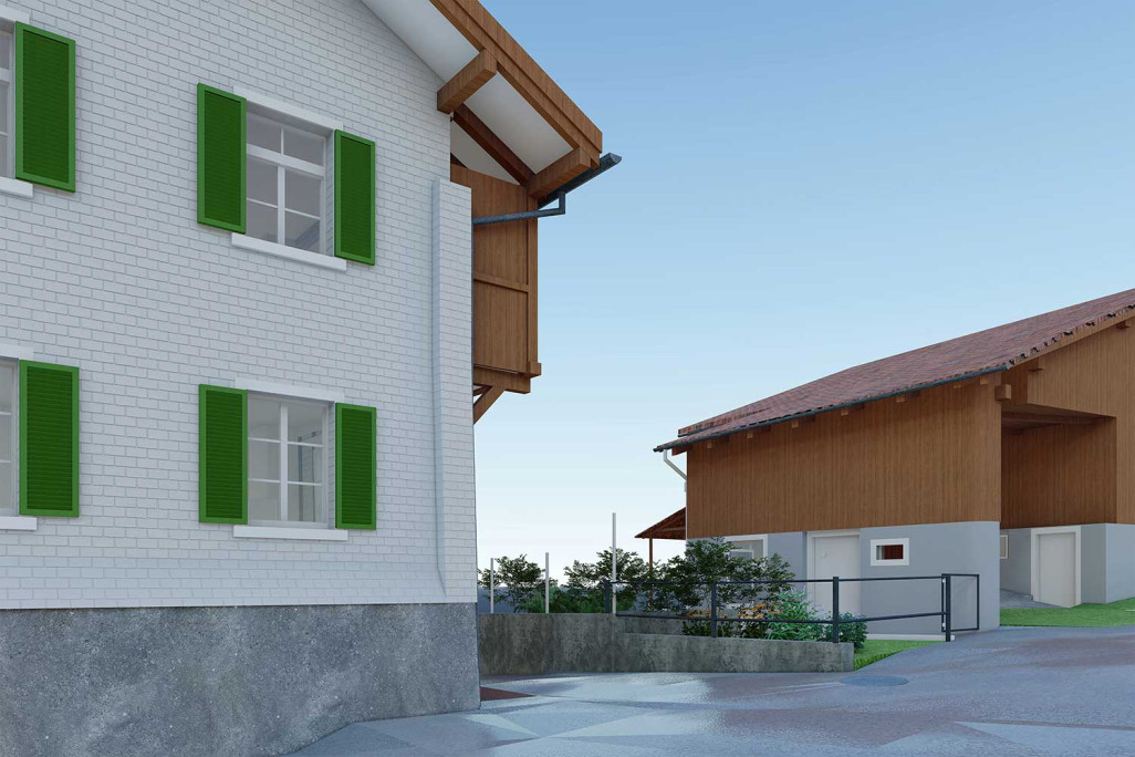 Malans GR, Gebäudeaufnahme EFH mit Scheune, 3D-Modell, HMQ AG