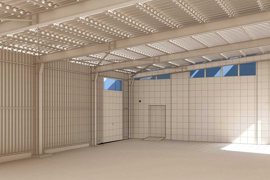 3D-Modellierung aus Gebäudeaufnahme einer Industriehalle im Wallis, HMQ AG