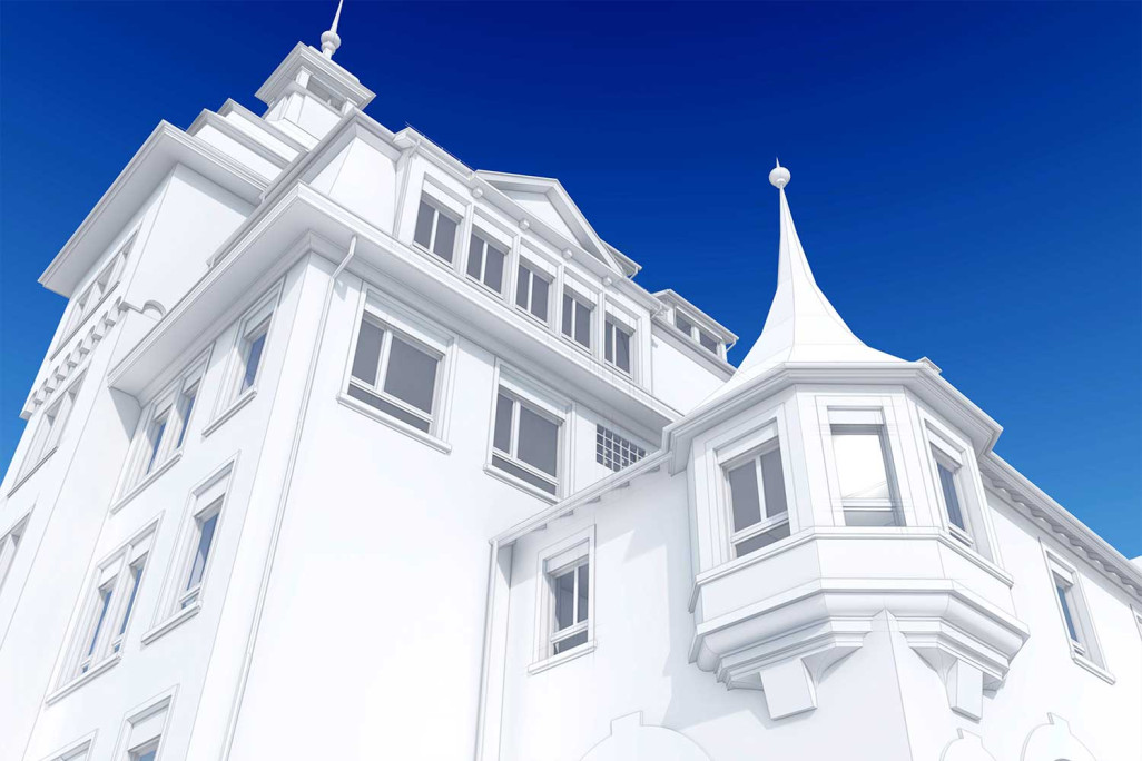 Gebäudevermessung, Schulhaus Moosmatt in Luzern, 3D-Modell, HMQ AG