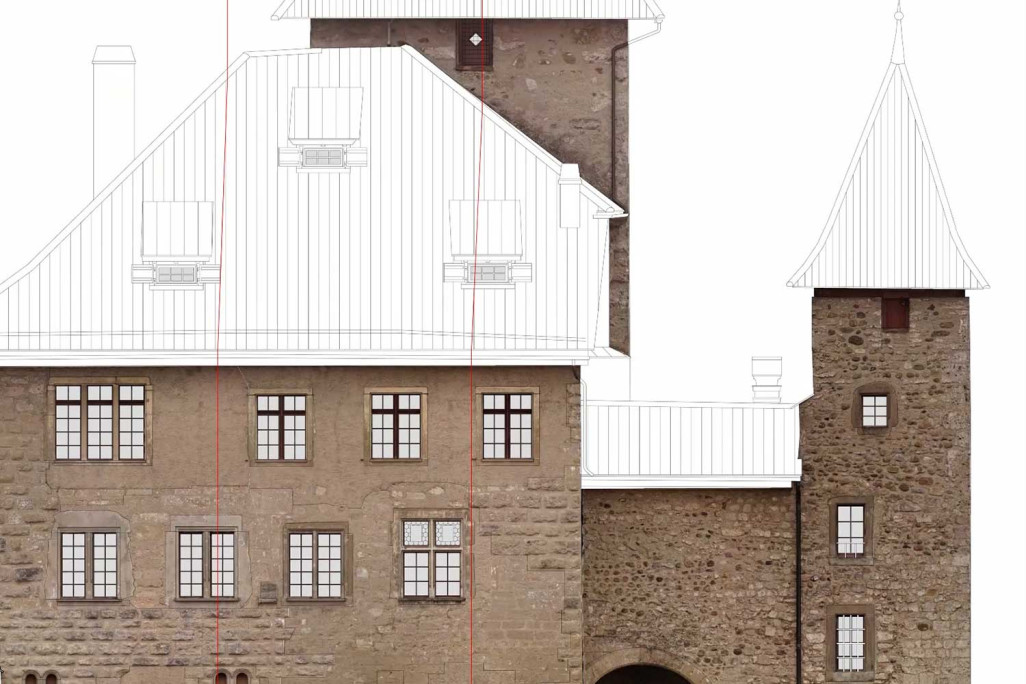 Fassadenansicht mit Orthofoto Schloss Kyburg, HMQ AG